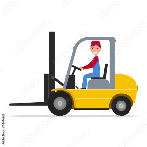 Vector cartoon man driving small yellow autoloader