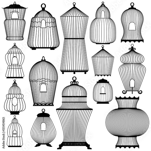 Set of decorative black bird cage Silhouettes, isolated on white