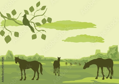 Horses in wild desert plane, vector lamdscape silhouettes