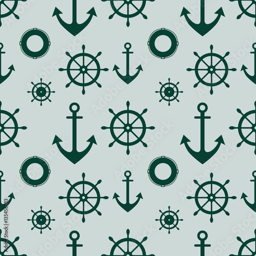 Vector seamless pattern with anchor, steering wheel. Symmetrical background, nautical theme. Graphic illustration. Template for wrapping, backgrounds, fabric, prints, decor, surface