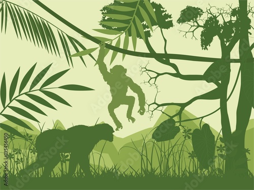 Jungle and animals green vector silhouettes