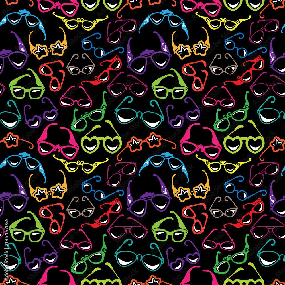 Naklejka premium Seamless pattern with Colorful sunglasses icon isolated on black