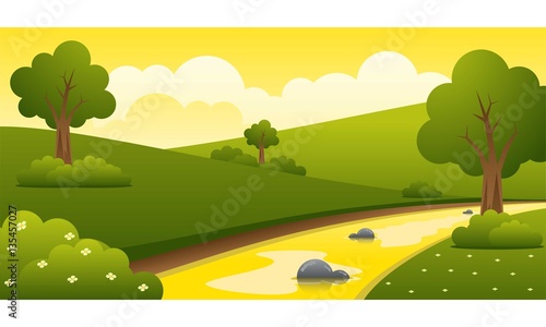 Beautiful Summer Green Park River Landscape Vector Illustration