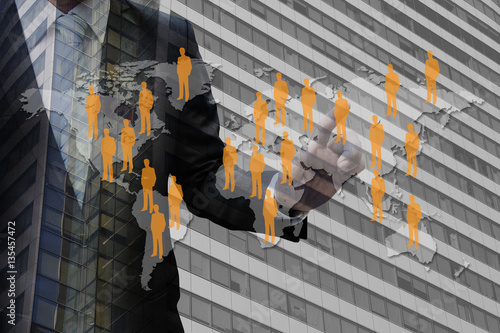 Fotografia Double exposure businessman CEO hand touching virtual panel of p