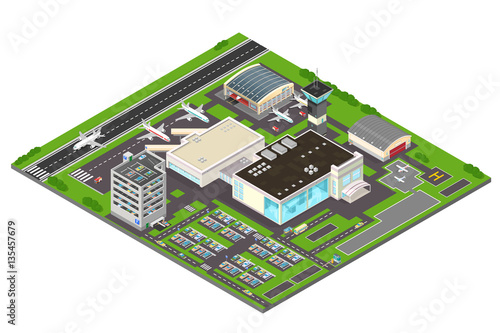 Isometric Airport icon.Vector illustration of a busy airport with aircraft hangars and runway. 