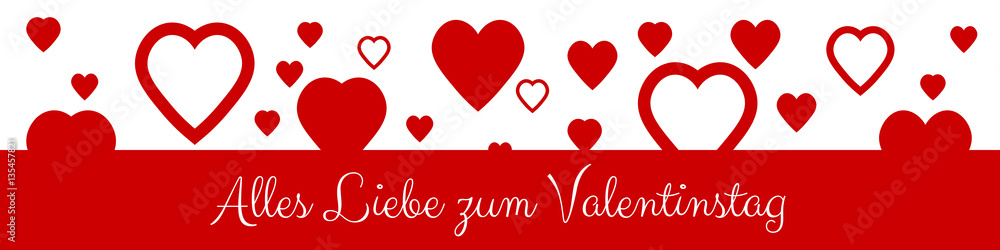 German Happy Valentine's Day Banner with red and white hearts floating