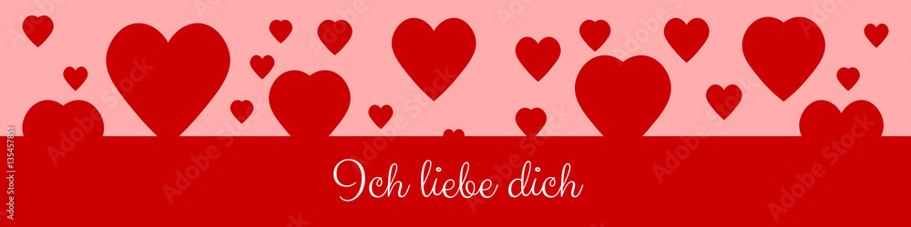 German I love you Happy Valentine's Day Banner with red and white hearts floating
