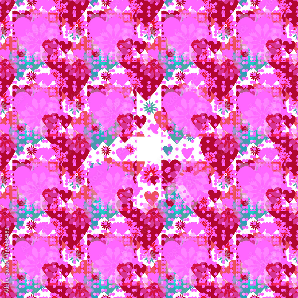 Seamless valentine spotty pattern with translucent hearts (vector eps 10)