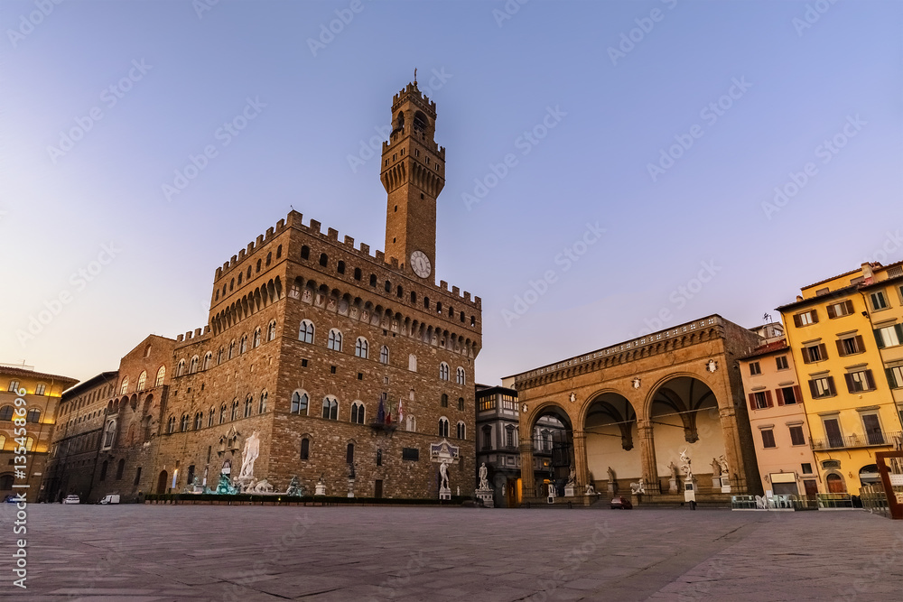 Signoria square before sunrise, Florence, Italy