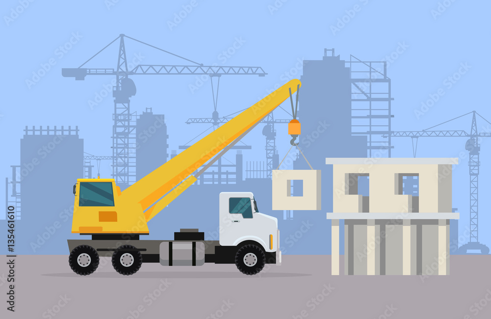 Truck Crane on Background of Building Area. Vector
