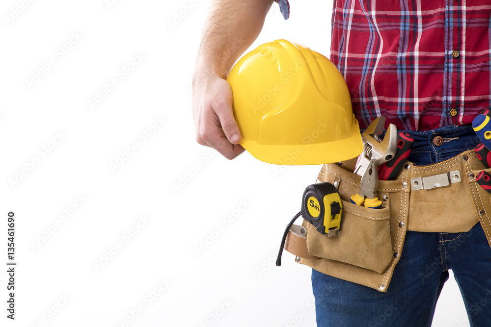 bricklayer with helmet and belt of tools isolated in background white bricklayer with helmet and belt of tools isolated in background white