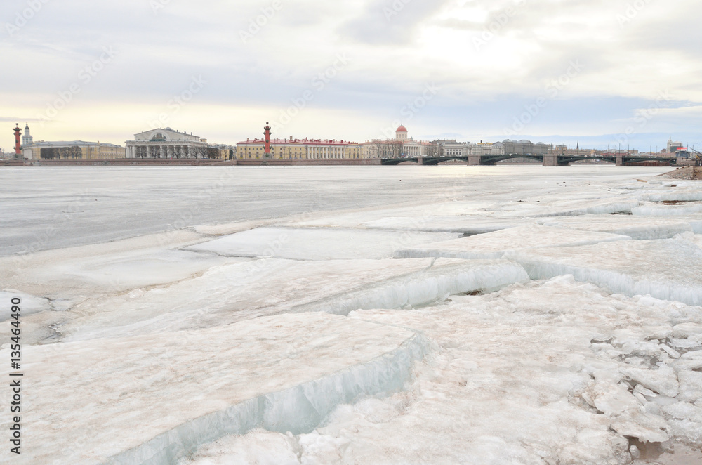 View of Frozen Neva River and Spit Vasilyevsky Island.
