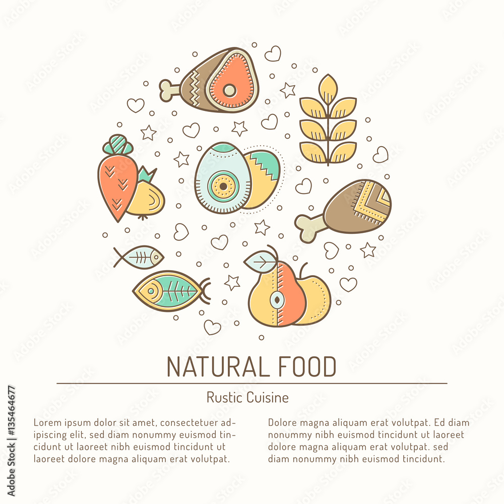 Illustration with outlined natural food signs forming circle