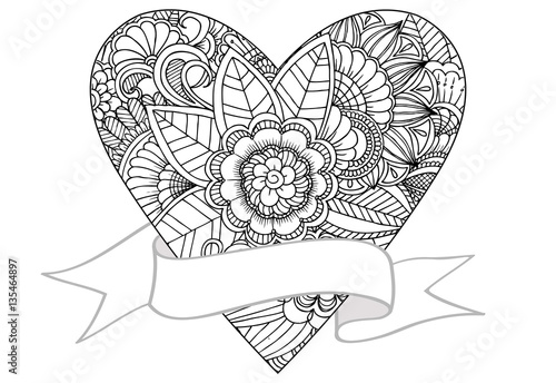 Vector doodle drawing of heart and ribbon.Can use for invitation or celebration card and coloring book too