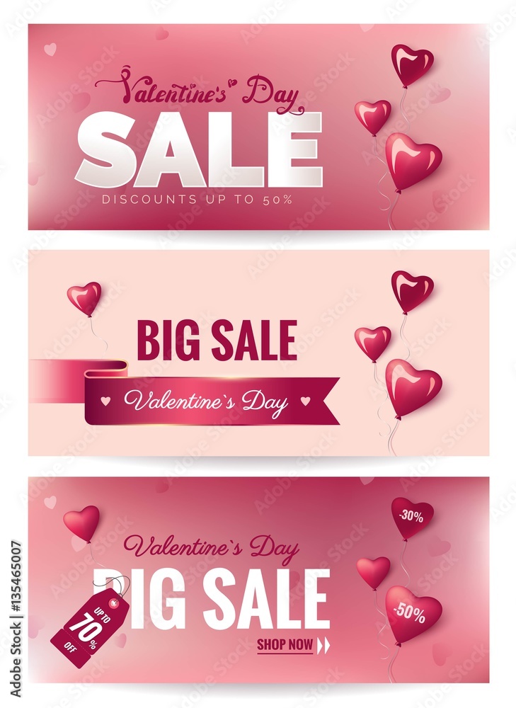 Valentine's day sale banners with glossy heart-shaped balloons, ribbon and price tag. Vector illustration
