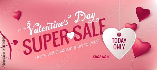 Valentine's day sale banners with 3d heart-shaped balloons and cupid arrow. Vector illustration