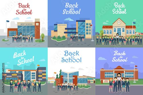 Back to School. Icons with Different Building Type