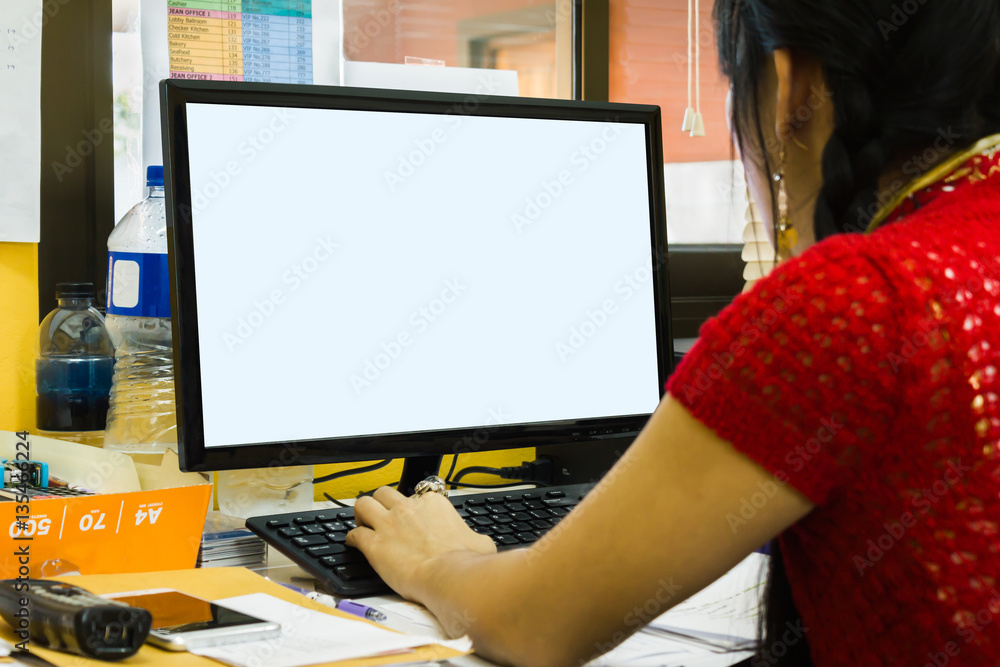 Blank screen or empty computer monitor with women in office Blank screen or empty computer monitor with women in office