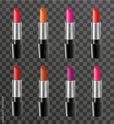Realistic lipstick package template for your design. Rouge tube mock-up product on a transparent background. Cosmetics 3d flacon. Vector illustration