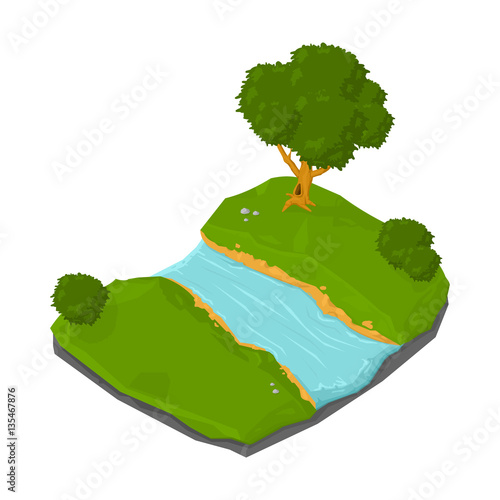 Isometric natural rural river icon.
Vector illustration of an outdoors nature river scene. 
