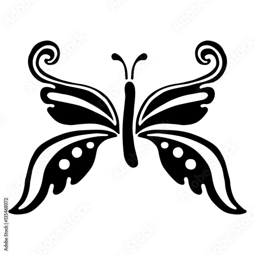 Vector black and white illustration of insect. Butterfly isolated on the white background. Hand drawn decorative vector logo, icon, sign, tattoo. Graphic vector illustration.