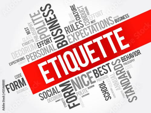 Etiquette word cloud collage, social business concept on blackboard