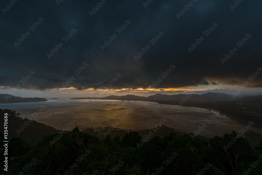 Kao Khad Viewpoint of Phuket city at sunset time with raincloud,
