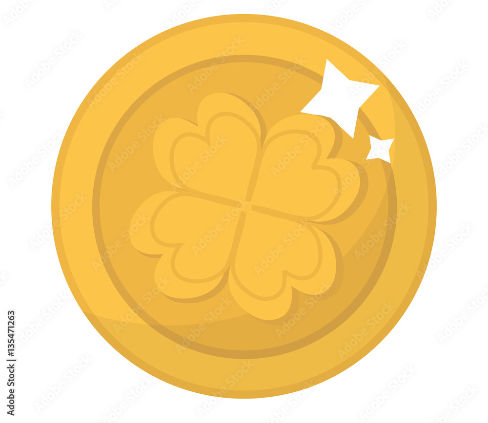 Gold coin with clover, icon flat style. St. Patrick's Day symbol. Isolated on white background. Vector illustration Gold coin with clover, icon flat style. St. Patrick's Day symbol. Isolated on white background. Vector illustration