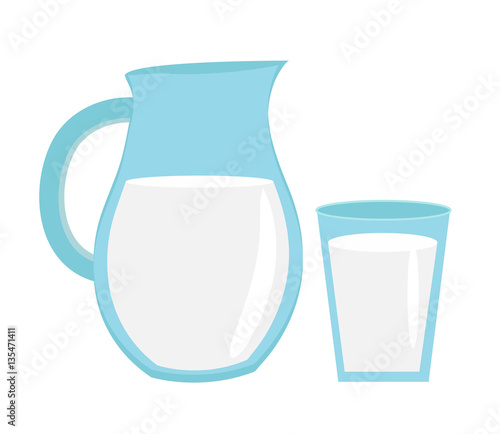 Milk in jug of glass, glass with milk icon flat style. Isolated on white background. Vector illustration