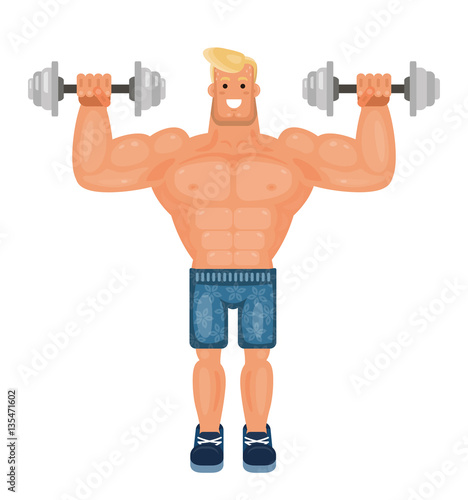 Bodybuilder man in the gym isolated on white backgroun. Young athlete doing power lifting exercises. Smiling athletic boy lifts a dumbbells, trendy flat vector illustration.
