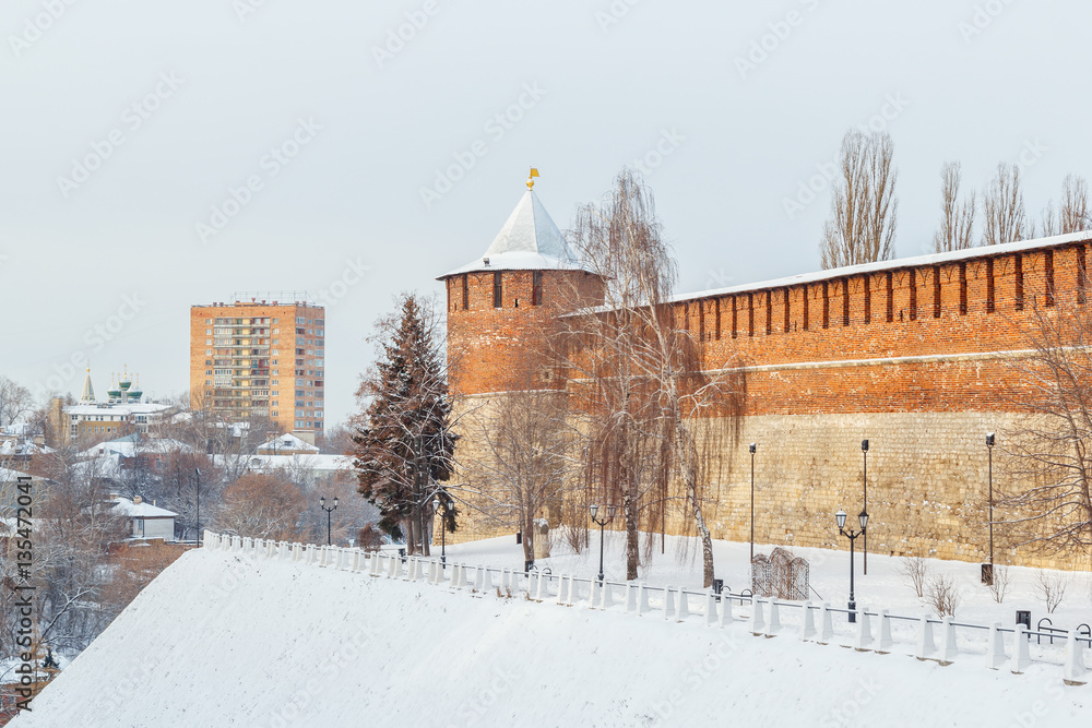 Koromyslova tower of Nizhny Novgorod Kremlin at winter