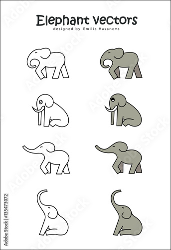 cute, lovely elephants in different positions . line vector logotype