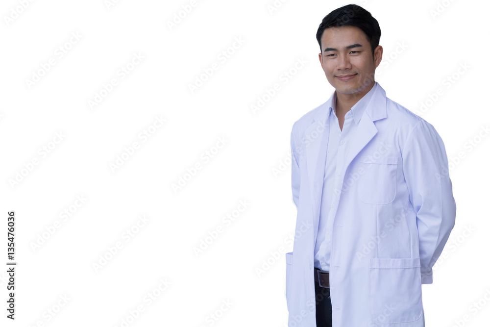 Friendly smiling young male doctor who wear white gown on white background Friendly smiling young male doctor who wear white gown on white background