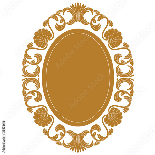 Golden oval vintage border frame engraving with retro ornament pattern in antique baroque style decorative design. Vector.
