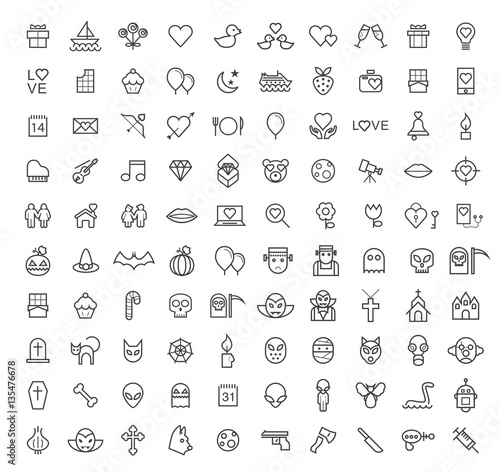 Set of 100 Isolated Minimal Modern Simple Elegant Black Stroke Icons on White Background ( Valentine's Day , Halloween and Scary Elements )