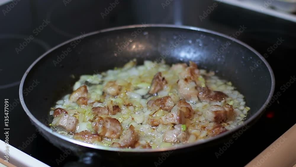 Close up of a Frying vegetables and pork meat Close up of a Frying vegetables and pork meat