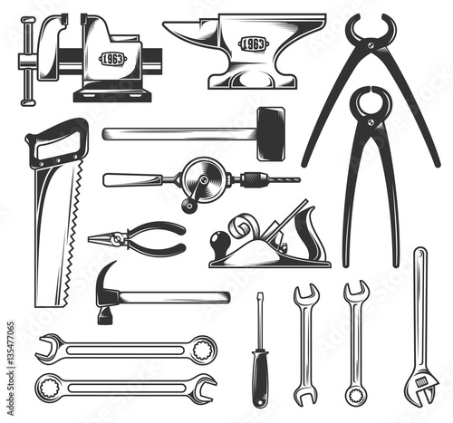 Set of the most common working tools  - hammer, screwdriver, wrench, pliers and so on. Vector monochrome illustration.