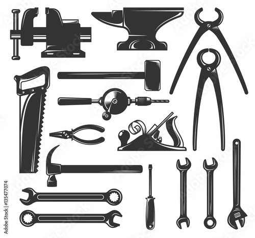A set of silhouettes common workers hand tools - hammer, wrench, screwdriver and others. Vector illustration.