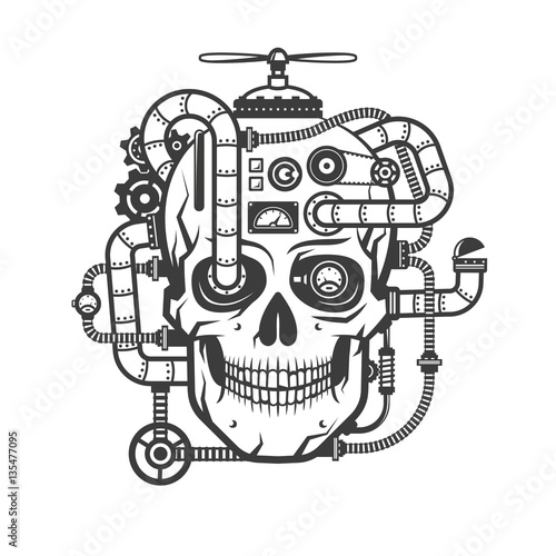 Steampunk cyborg skull with integrated devices. Monochrome vector illustration.