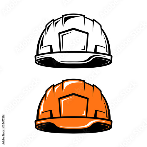Construction, industrial helmet in cartoon style on white background. Black and white and color versions. Vector illustration.