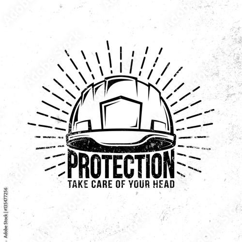 Vintage monochrome logo with a working hardhat, inscription and sunburst. Worn texture on separate layers and can be easily disabled.