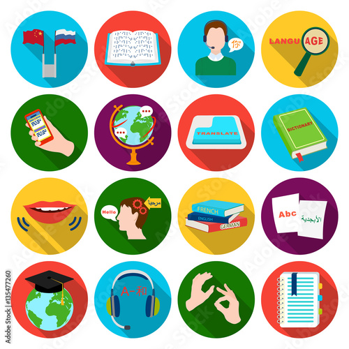 Interpreter and translator set icons in flat style. Big collection of interpreter and translator vector symbol stock illustration