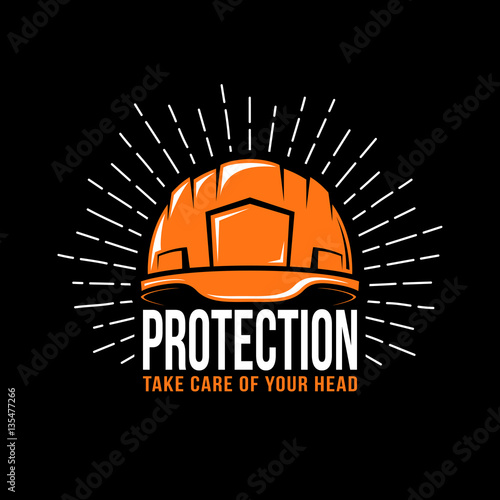 Logo with a working helmet, sunburst and the word protection on a black background. Vector illustration.