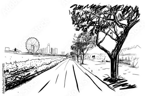 Sketch of Singapore road with wheel in vector. 