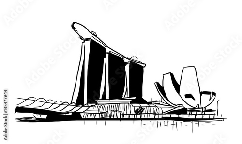 Sketch vector panoramic Singapore marina bay sketch