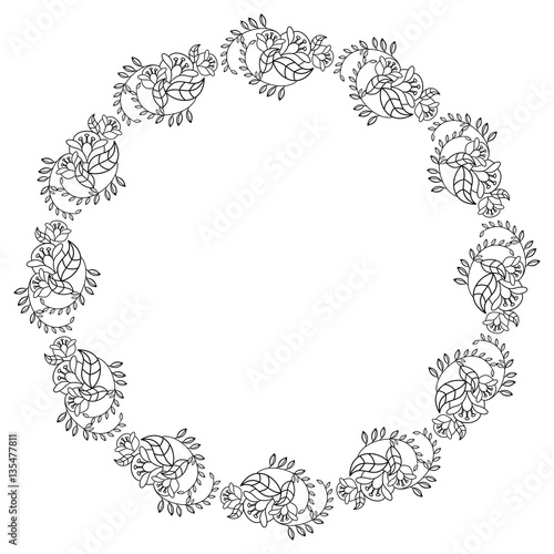 Elegant round frame with contours of flowers. Raster clip art.