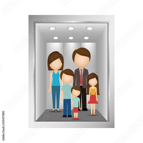 picture open building elevator with family inside vector illustration