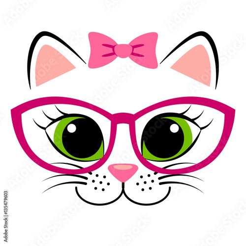Cute white kitten with pink bow and glasses. Girlish print with kitty for t-shirt