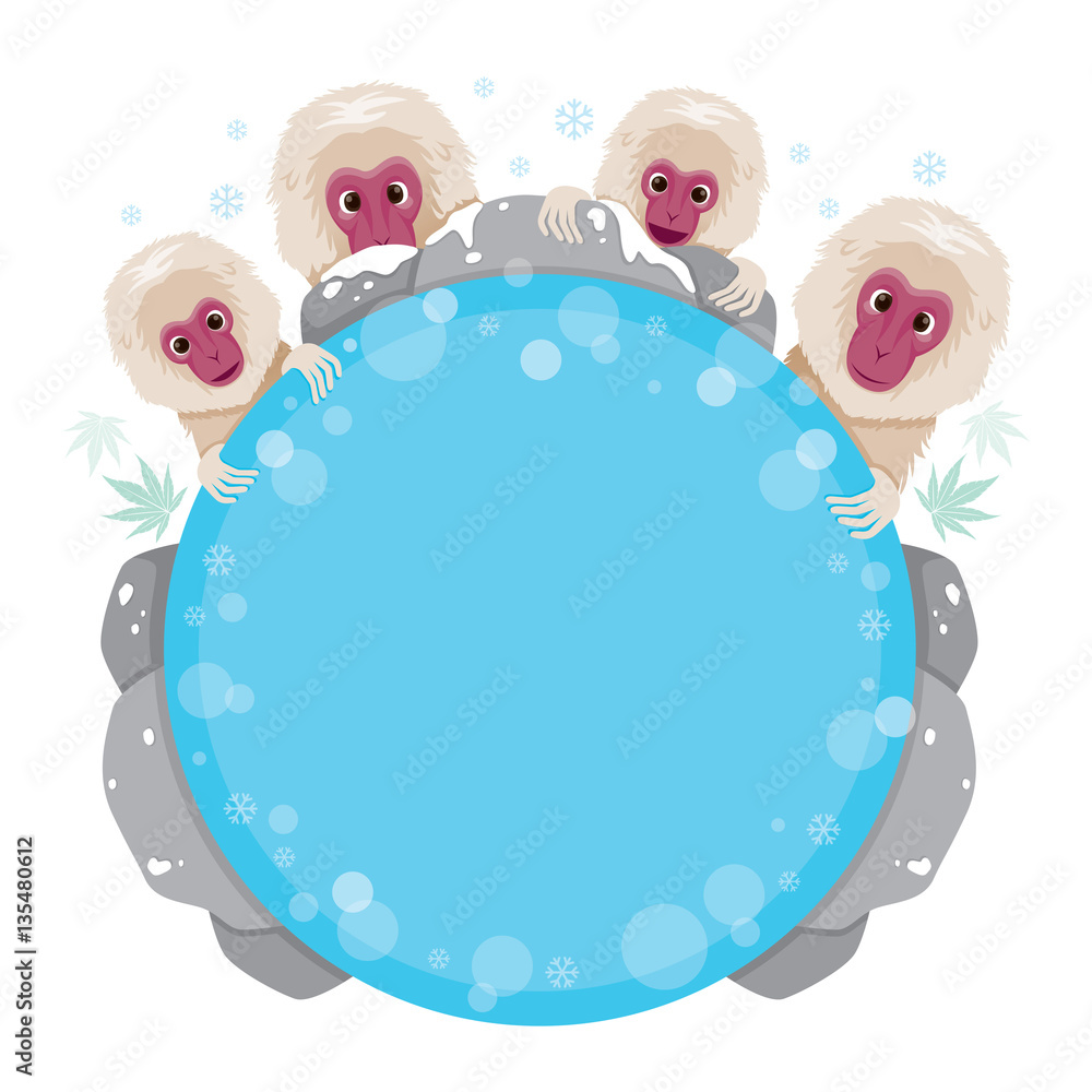 Naklejka premium Snow Monkey Relaxing In Hot Spring Circle Frame, Bath, Onsen, Japanese, Culture, Healthy, Season, Body