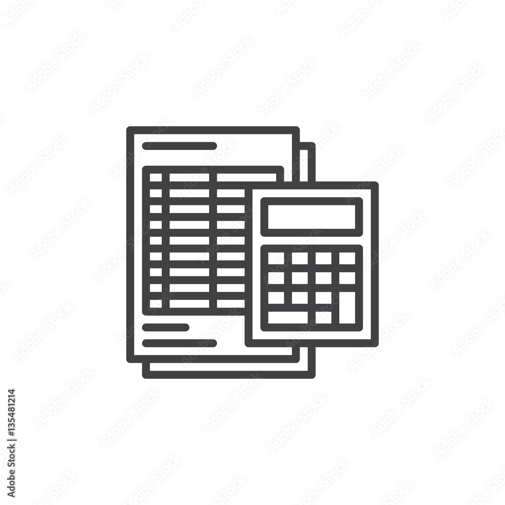 Calculator and sheet line icon, outline vector sign, linear pictogram isolated on white. Accounting symbol, logo illustration Calculator and sheet line icon, outline vector sign, linear pictogram isolated on white. Accounting symbol, logo illustration